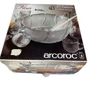 Arcoroc France Fleur Boxed Vintage glass Punch Bowl Set 8 Cups Glasses 5 hooks
